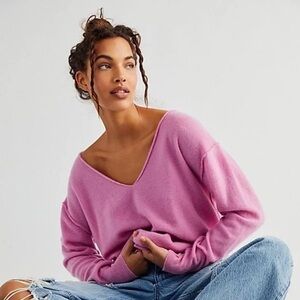 Free People Women’s Harmony Women’s 100% CASHMERE Sweater Pink V-Neck Size Med